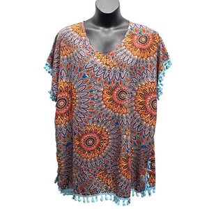Yincra Colorful Paisley Tassel Poncho Tunic Top Boho Swim Cover Up sz C